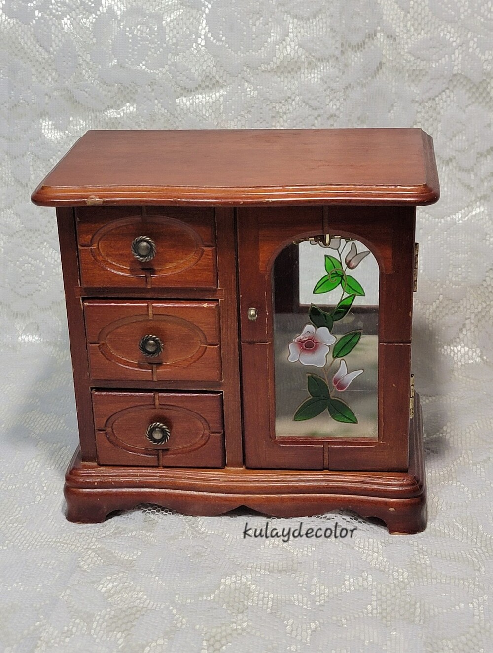Vintage Wooden Jewelry Box Organizer 3 Drawer Mirrored Floral Glass Door Trinket